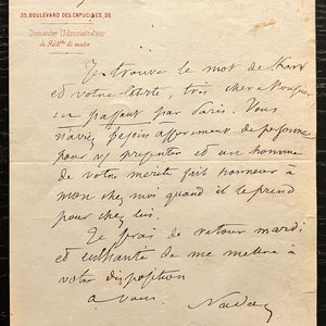 Nadar - Carta autógrafa firmada en papel con membrete “Photographie Nadar, 35 boulevard des Capucines”, que data de 1865.