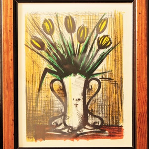 Bernard Buffet -  flowers - Original lithograph Vintage framed - 1967.