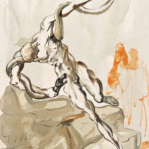 Salvador Dali - The Divine Comedy Hill: Fünfundzwanzigstes Lied, Die Strafe des Vanni Fucci - Vintage Holzschnitt. Wandbild, surrealistisch,