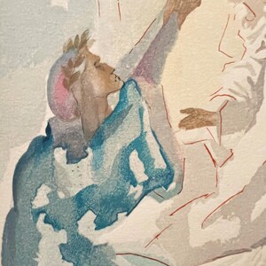 Puede incluir: Pintura a la acuarela que representa una figura con una t&uacute;nica azul con los brazos levantados hacia una figura con t&uacute;nicas blancas. La obra presenta colores suaves, incluyendo azul, rosa y beige, con un tema celestial. El estilo recuerda al arte cl&aacute;sico.