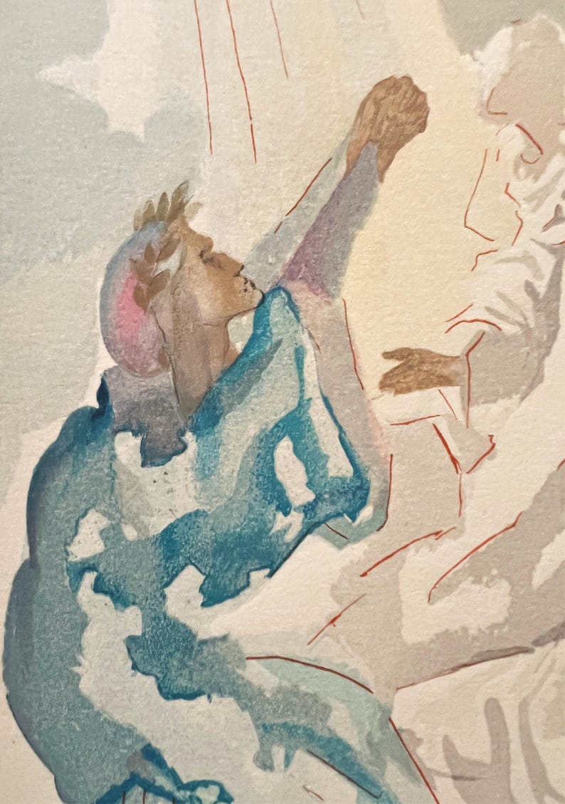 Puede incluir: Pintura a la acuarela que representa una figura con una t&uacute;nica azul con los brazos levantados hacia una figura con t&uacute;nicas blancas. La obra presenta colores suaves, incluyendo azul, rosa y beige, con un tema celestial. El estilo recuerda al arte cl&aacute;sico.