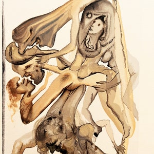 Salvador Dali - The Divine Comedy Hill: Eleventh song - Anticipations of the lower hill- original vintage woodcut, 1963. Surrealist Art