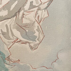 Puede incluir: Pintura a la acuarela de una figura con tela blanca fluida, posiblemente una t&uacute;nica o un drapeado, sobre un fondo de suaves nubes azules y grises. Los contornos rojos definen las formas, creando una sensaci&oacute;n de movimiento y profundidad. La obra evoca un tema cl&aacute;sico o et&eacute;reo.