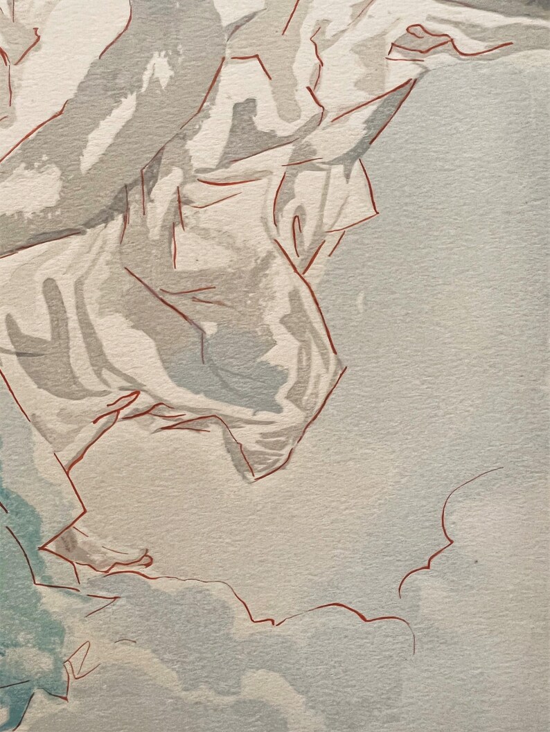 Puede incluir: Pintura a la acuarela de una figura con tela blanca fluida, posiblemente una t&uacute;nica o un drapeado, sobre un fondo de suaves nubes azules y grises. Los contornos rojos definen las formas, creando una sensaci&oacute;n de movimiento y profundidad. La obra evoca un tema cl&aacute;sico o et&eacute;reo.