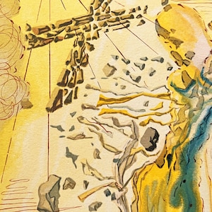 May include: A surrealist painting with a yellow, blue, and green color scheme. A broken cross is floating in the sky above a large, yellow, organic shape. The cross is made of small, brown, rectangular pieces. The background is a light yellow with red lines.
