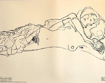 Gustav Klimt - Two women lying down - Vintage Screen Print Poster 70x100 cm | Rare 1990s Wall Art | Large Modern Art Print - Decor Gift Idea