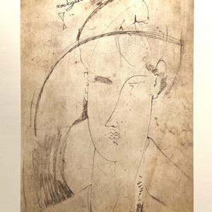 Amedeo Modigliani woman with hat, rare vintage Italian lithograph, expressive modernist portrait, minimalist line art, fine art wall decor