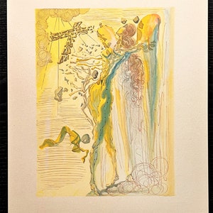 May include: A surrealist print of an angel with a yellow and green body, long flowing hair, and a large white wing. The angel is holding a cross made of broken pieces. The background is a yellow and white abstract design.