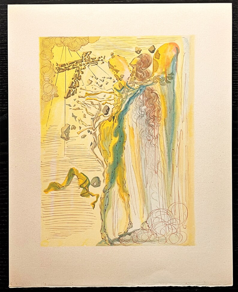 May include: A surrealist print of an angel with a yellow and green body, long flowing hair, and a large white wing. The angel is holding a cross made of broken pieces. The background is a yellow and white abstract design.