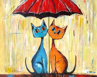 Amore ardente in una giornata di pioggia XXL - Divertente quadro da parete con gatto, dipinto di animale stravagante, decorazione colorata per la casa.