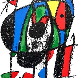 May include: Abstract art print with a whimsical design and bold colours. The artwork features a black, oval-shaped central figure with blue, green, red, and yellow accents. Additional red and green triangles and a starburst add to the composition.