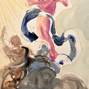 Può includere: Un dipinto ad acquerello di una figura con capelli rossi e una veste viola, che allunga le braccia. La figura è circondata da una forma nuvolosa vorticosa blu e grigia. Lo sfondo è di colore giallo chiaro con raggi di luce che emanano dalla parte superiore.