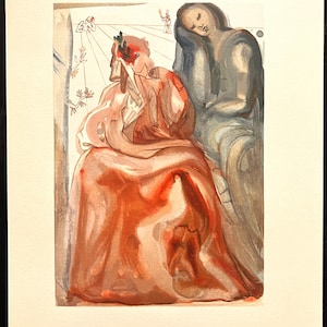 May include: A framed watercolor print featuring two figures in a surrealist style. The primary figure, draped in red, has a laurel wreath. The second figure is in shades of gray. The artwork is set against a light background with faint architectural elements.