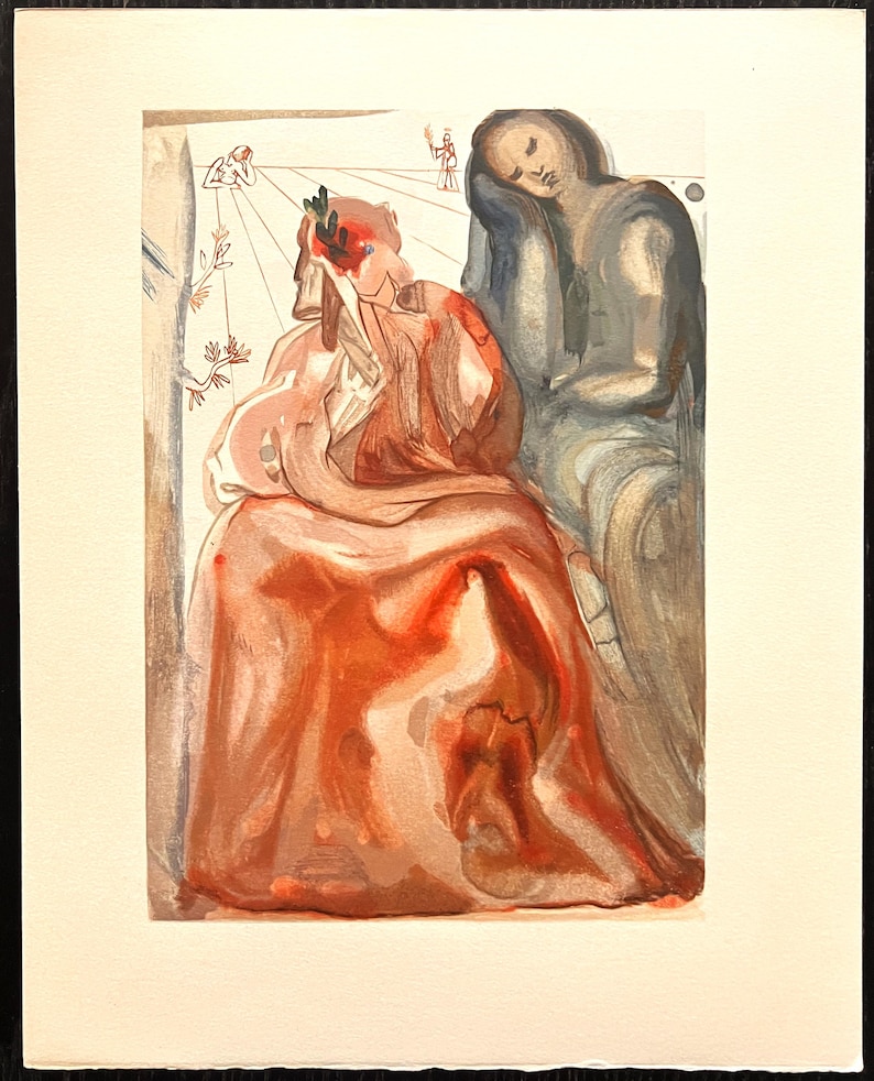 May include: A framed watercolor print featuring two figures in a surrealist style. The primary figure, draped in red, has a laurel wreath. The second figure is in shades of gray. The artwork is set against a light background with faint architectural elements.