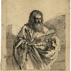 St Paul, holding a sword, reading from a book - Etching/Engraving made by Domenico Maria Bonavera, after Guercino