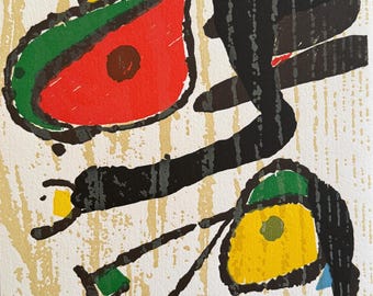 Joan Miró – Rara xilografia originale d'epoca, opera d'arte moderna astratta e colorata del surrealismo.