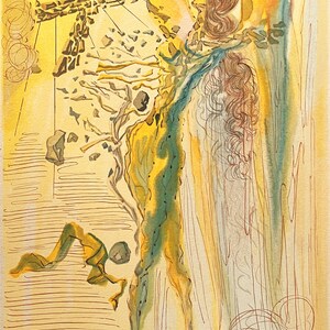 May include: A surrealist painting in yellow, green, and brown tones depicts a figure with a long, flowing gown and a cross made of stones. The figure is surrounded by swirling lines and shapes.