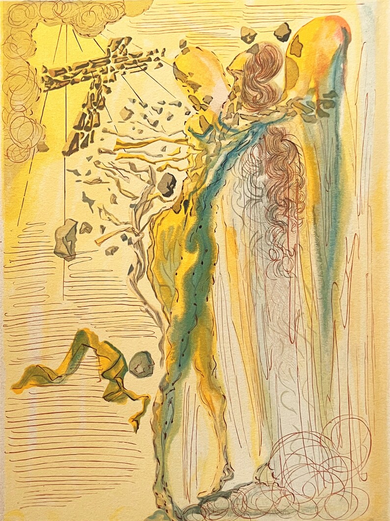 May include: A surrealist painting in yellow, green, and brown tones depicts a figure with a long, flowing gown and a cross made of stones. The figure is surrounded by swirling lines and shapes.