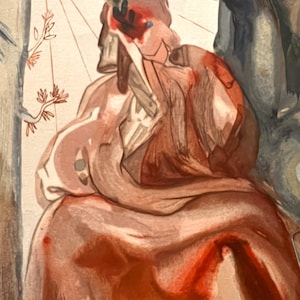 May include: An artistic painting featuring a seated figure with a laurel wreath and a red head wound. The figure is draped in reddish-brown fabric, with other figures and architectural elements in the background. The artwork has a classical style.