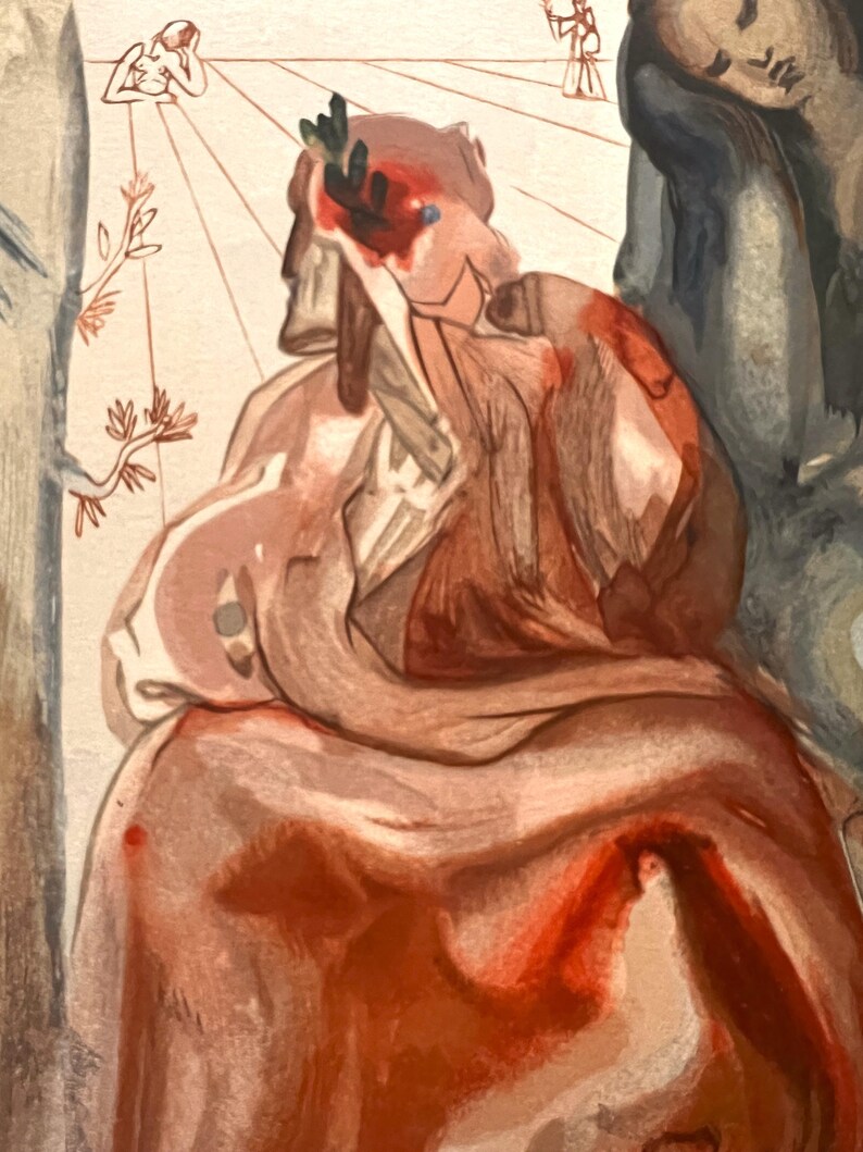 May include: An artistic painting featuring a seated figure with a laurel wreath and a red head wound. The figure is draped in reddish-brown fabric, with other figures and architectural elements in the background. The artwork has a classical style.