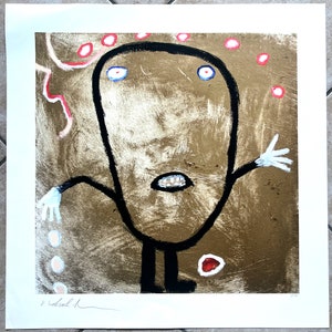 May include: A black and white illustration of a cartoon character with a brown face, white eyes, and a black mouth. The character is standing on a brown background with red and white dots.