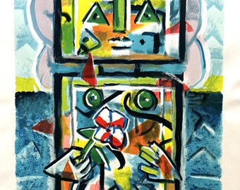 Ibrahim Kodra - Woman with flower - Hand-retouched lithograph, 50 x 70 cm - Hand Signed by the Artist - Art for the wall - Wall Art - Decor.
