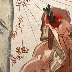 May include: An artistic watercolor painting featuring a classical bust adorned with a laurel wreath and a red area. The artwork includes a figure above and lines radiating from the bust, with tree branches in the foreground.