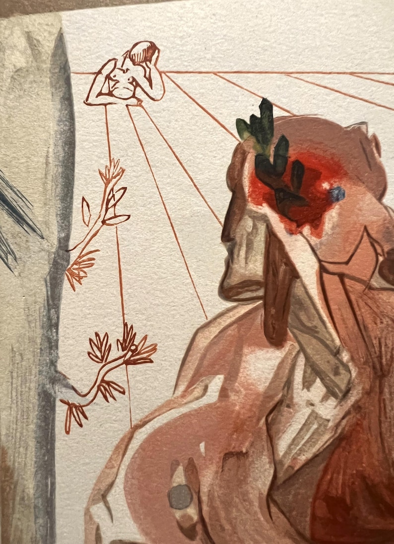 May include: An artistic watercolor painting featuring a classical bust adorned with a laurel wreath and a red area. The artwork includes a figure above and lines radiating from the bust, with tree branches in the foreground.