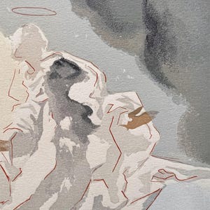 Puede incluir: Pintura a la acuarela de una figura con un halo, representada en tonos de blanco, gris y marr&oacute;n. La figura se encuentra sobre un fondo de nubes grises y cielo azul claro. Contornos rojos definen la forma de la figura.