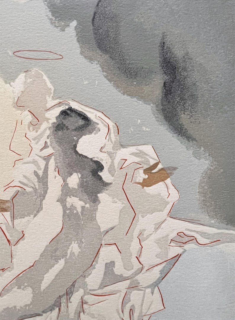 Puede incluir: Pintura a la acuarela de una figura con un halo, representada en tonos de blanco, gris y marr&oacute;n. La figura se encuentra sobre un fondo de nubes grises y cielo azul claro. Contornos rojos definen la forma de la figura.