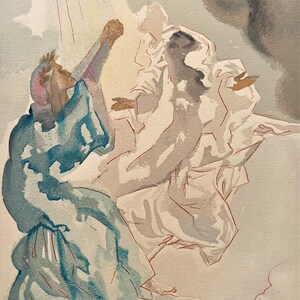 Puede incluir: Pintura a la acuarela que representa una escena religiosa con figuras vestidas con t&uacute;nicas fluidas. Una figura, en azul, levanta los brazos hacia otra en blanco, rodeada por un halo. La obra presenta colores suaves y un fondo nublado.