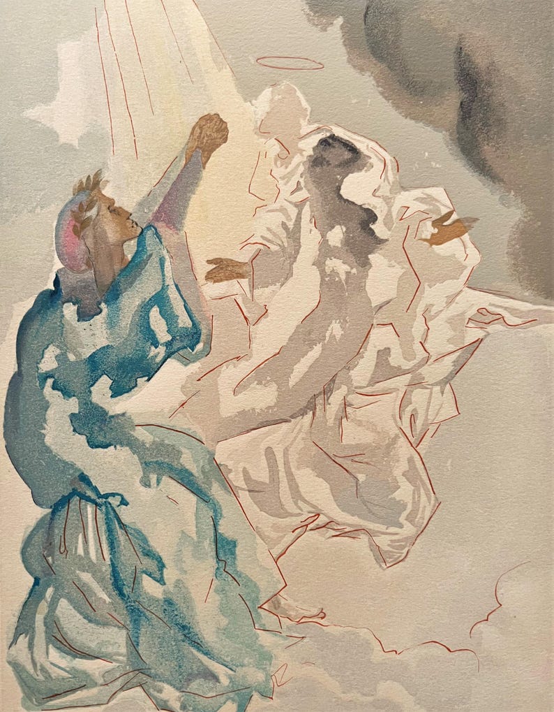 Puede incluir: Pintura a la acuarela que representa una escena religiosa con figuras vestidas con t&uacute;nicas fluidas. Una figura, en azul, levanta los brazos hacia otra en blanco, rodeada por un halo. La obra presenta colores suaves y un fondo nublado.