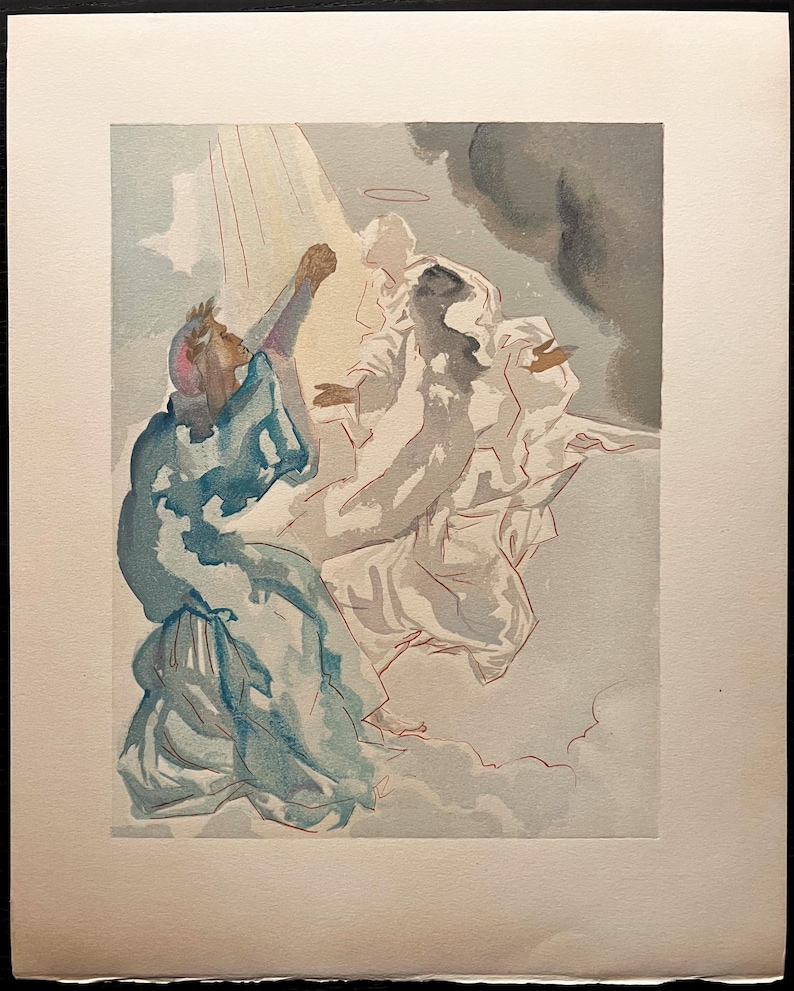 Puede incluir: Una impresi&oacute;n art&iacute;stica que representa figuras con t&uacute;nicas fluidas, ba&ntilde;adas en luz et&eacute;rea. Las figuras est&aacute;n representadas en tonos de azul, blanco y gris, con una figura con halo en el fondo. La obra de arte evoca una sensaci&oacute;n de espiritualidad y ascensi&oacute;n.