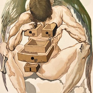 Puede incluir: Ilustraci&oacute;n art&iacute;stica de una figura con alas de &aacute;ngel y un cuerpo humano. El torso de la figura est&aacute; abierto, revelando varios cajones de madera. La obra de arte est&aacute; representada en tonos apagados, con un enfoque en los detalles anat&oacute;micos y la imaginer&iacute;a surrealista.