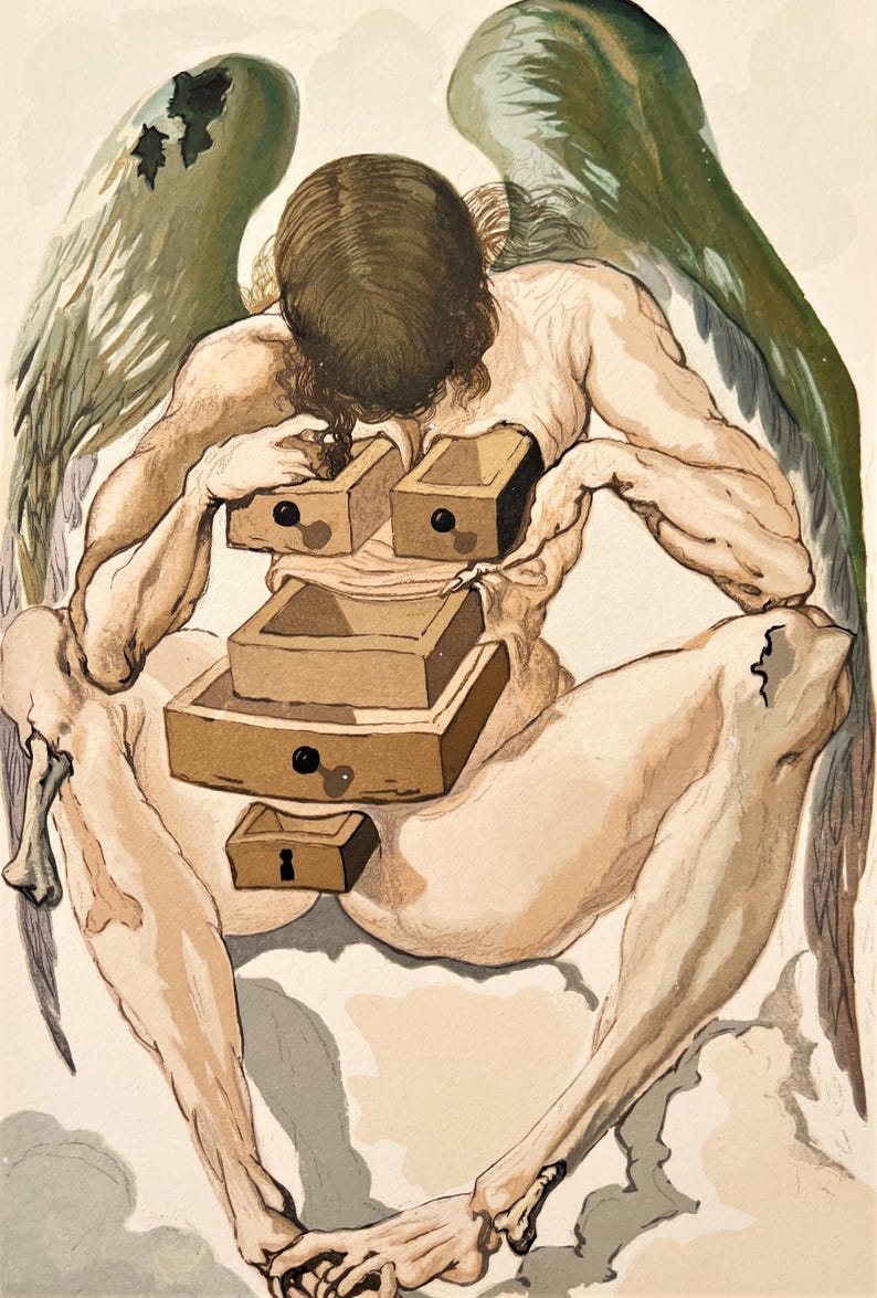 Puede incluir: Ilustraci&oacute;n art&iacute;stica de una figura con alas de &aacute;ngel y un cuerpo humano. El torso de la figura est&aacute; abierto, revelando varios cajones de madera. La obra de arte est&aacute; representada en tonos apagados, con un enfoque en los detalles anat&oacute;micos y la imaginer&iacute;a surrealista.