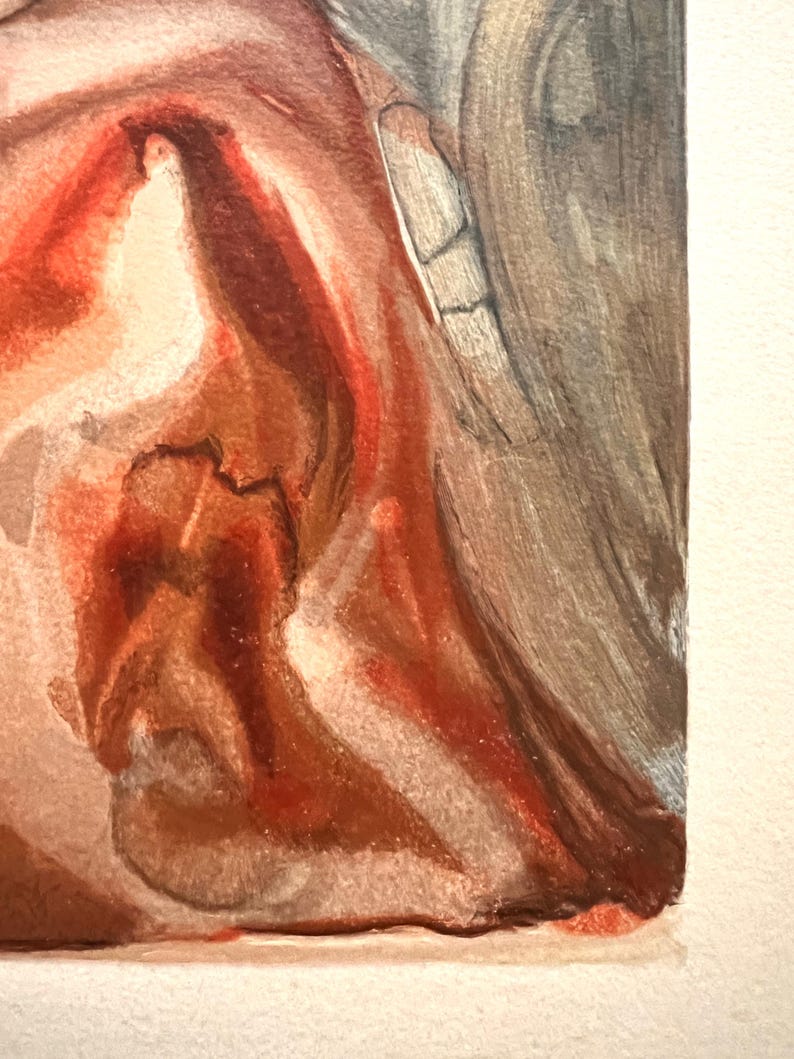 May include: Close-up of a watercolor painting with a blend of red, brown, and gray hues. The artwork features abstract shapes and textures, with visible brushstrokes and color variations. The painting is on white paper.