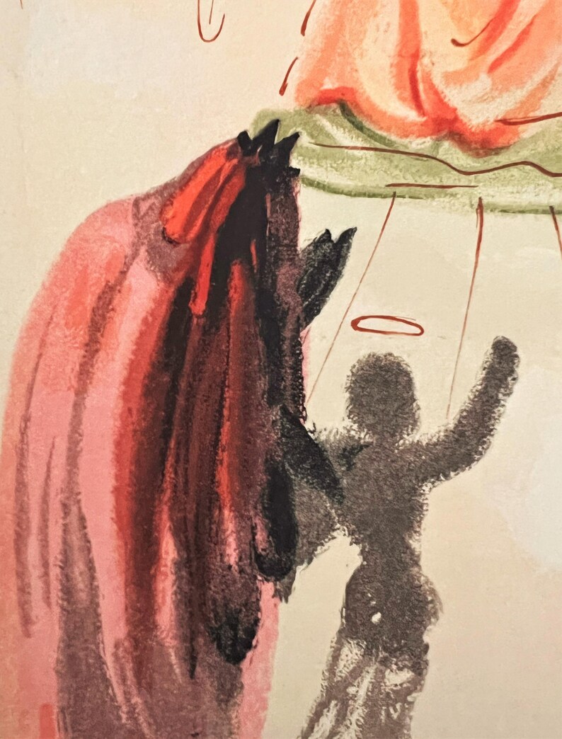 May include: An artistic illustration featuring a figure in a red cloak with a black, horned head. A shadowy figure with a halo raises its arms. The artwork has a surreal, dreamlike quality, with muted colors and a sense of mystery.