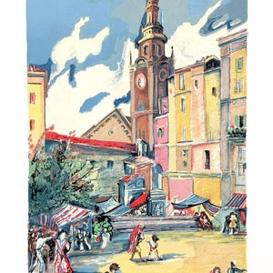 Könnte beinhalten: Ein farbenfroher Druck eines europäischen Stadtplatzes mit einem hohen Glockenturm. Gebäude sind in Gelb-, Rosa- und Orangetönen gemalt. Figuren befinden sich auf dem Platz, und der Himmel ist blau mit weißen Wolken. Der Druck ist signiert und nummeriert.