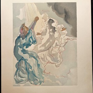 Puede incluir: Obra de arte en acuarela que representa figuras con t&uacute;nicas fluidas, ba&ntilde;adas en luz. Las figuras est&aacute;n representadas en tonos de azul, blanco y gris, con un halo sobre la cabeza de una figura. La obra evoca una sensaci&oacute;n de espiritualidad y movimiento.