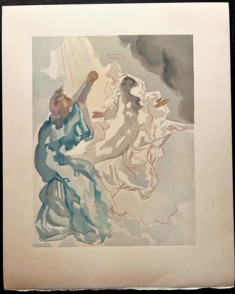 Puede incluir: Obra de arte en acuarela que representa figuras con t&uacute;nicas fluidas, ba&ntilde;adas en luz. Las figuras est&aacute;n representadas en tonos de azul, blanco y gris, con un halo sobre la cabeza de una figura. La obra evoca una sensaci&oacute;n de espiritualidad y movimiento.