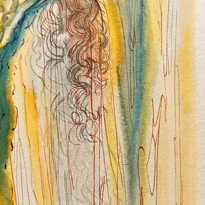 May include: Abstract watercolor painting with a yellow, green, and brown color scheme. The painting features a series of vertical lines and swirls, creating a sense of movement and depth.