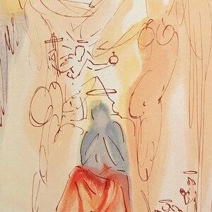 May include: An abstract watercolor painting with a religious theme. The artwork features sketched figures of angels and a central figure in a red robe, with a halo. The color palette includes shades of orange, red, and blue.