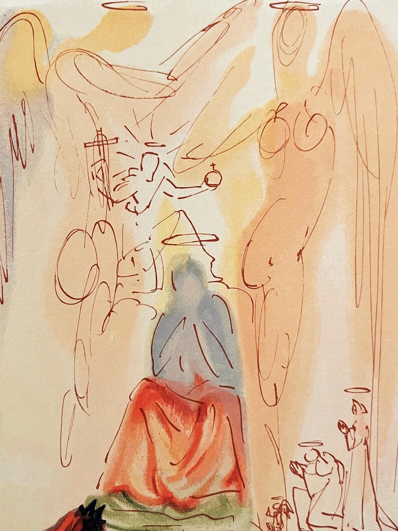 May include: An abstract watercolor painting with a religious theme. The artwork features sketched figures of angels and a central figure in a red robe, with a halo. The color palette includes shades of orange, red, and blue.