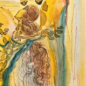 May include: Abstract watercolor painting with a yellow, orange, and blue color scheme. The painting features a swirling, organic shape with a long, flowing tail.