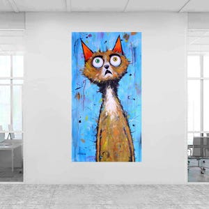 Piotr Piskorz "¡¿Baño?! ¡¿Para mí?!" Arte mural de gato divertido, lienzo acrílico grande, pintura animal caprichosa, decoración colorida para el hogar, regalo para amantes de los gatos