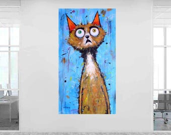 Piotr Piskorz "Bagno?! Per me?!!" Divertente quadro da parete con gatto, grande tela acrilica, dipinto di animali stravaganti, arredamento colorato per la casa, regalo per gli amanti dei gatti.