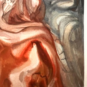 May include: Abstract watercolor painting with swirling patterns in shades of red, orange, and gray. The artwork features a blend of colors and textures, creating a dynamic and expressive composition. The painting's style is reminiscent of fluid art.