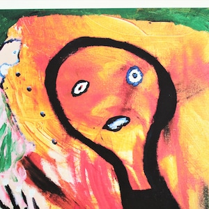 Puede incluir: Pintura abstracta de una cara con un contorno negro, fondo rojo y naranja y ojos azules.