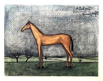 Bernard Buffet (1928-1999) - Racehorse - Original lithography from 1960, limited edition of 300 – Modern art, horse gift for home.