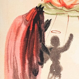 May include: An artistic illustration featuring a red and black figure with a shadowy silhouette of a person with a halo. The artwork has a surreal, dreamlike quality, with a soft color palette of reds, blacks, and creams.